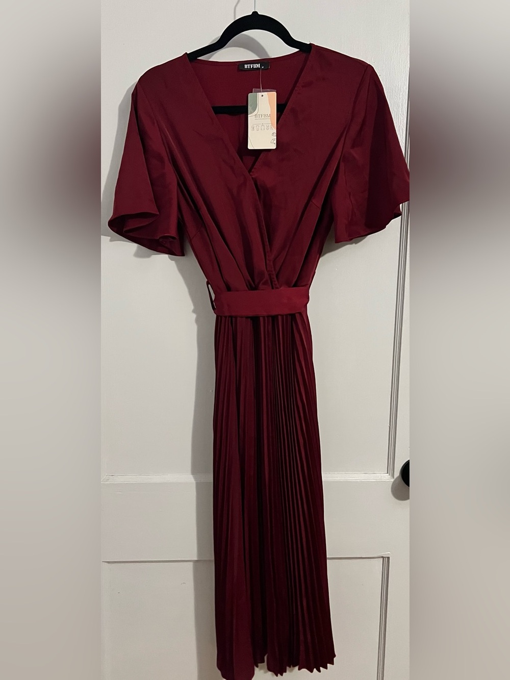 BTFBM Women's Burgundy Maxi Dress with Tie Waist
